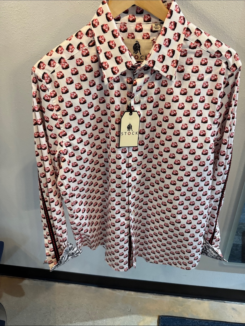 Men's Stock Collection White and Red “Rossa” Button-Up Shirt with car emblem